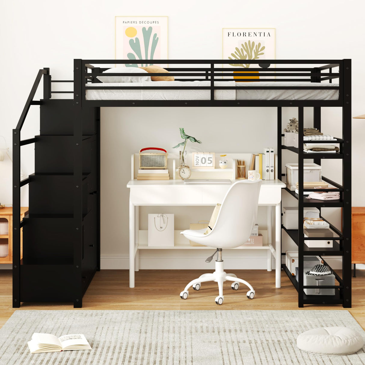 SOFTSEA Full Size Loft Bed with Storage Stairs, Full Metal Loft Bed with Wardrobe, Shelves, Cabinets and Wardrobe for Adults, Stairway Loft Bed Heavy Duty with Storage Steps for Kids Teens, Black SOFTSEA