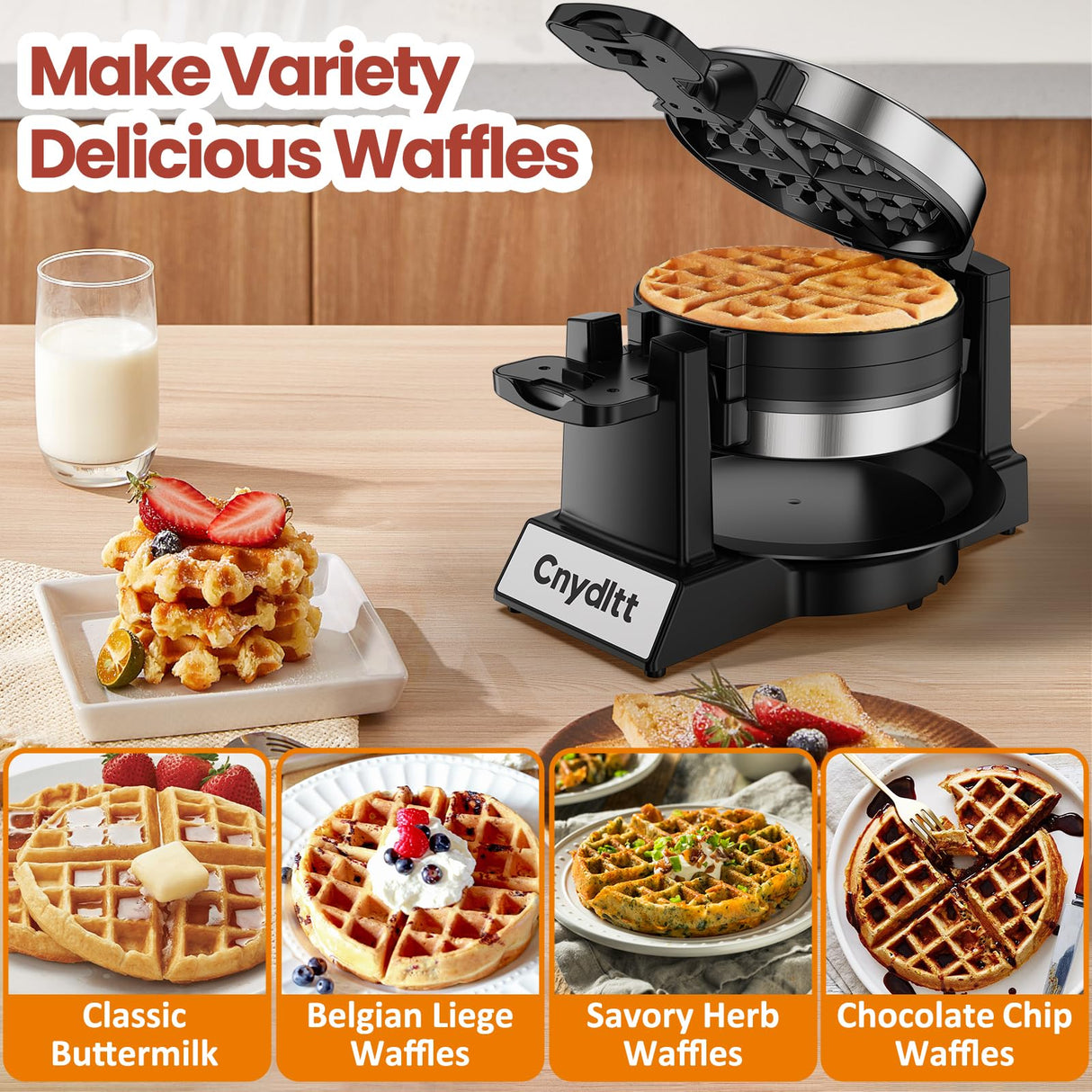 Cnydltt Double Waffle Maker, 1400W Rotating Belgian Waffle Iron with Nonstick Plates, 180° Flip, 8-Slice, Removable Drip Tray, Locking Lid & Cool Touch Handles, Stainless, Black Cnydltt