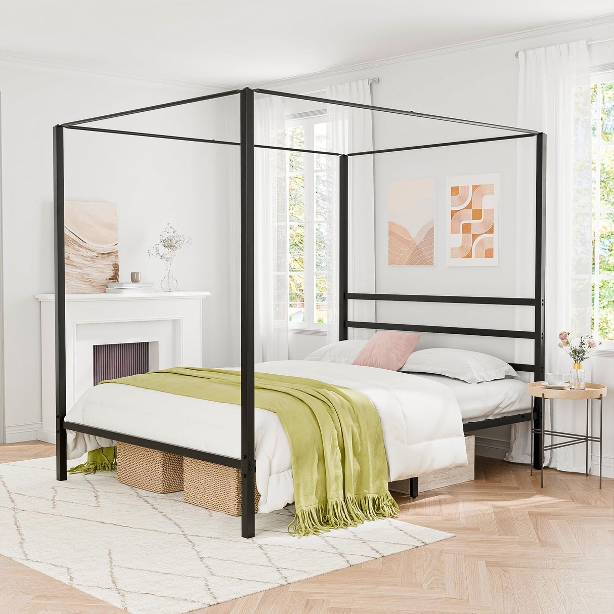 Nouva 14 Inch Metal Canopy Bed Frame Queen Size - Heavy Duty Metal Four Posters Bed Platform w/Headboard No Box Spring Needed, Slat Mattress Support,Noise Free, Black Nouva