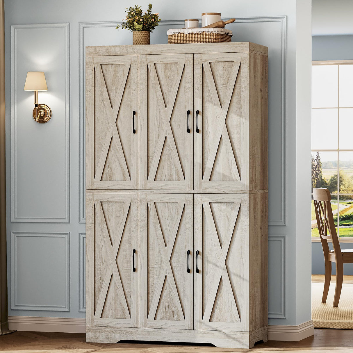 ANCTOR Kitchen Pantry Cabinet with LED Lights, 6 Barn Doors, 71.3" H ×39.4" W, Large Wooden Storage Cabinet with 12 Shelves, Freestanding Cupboard with Door Storage Rack for Dining Room, Rustic Maple ANCTOR