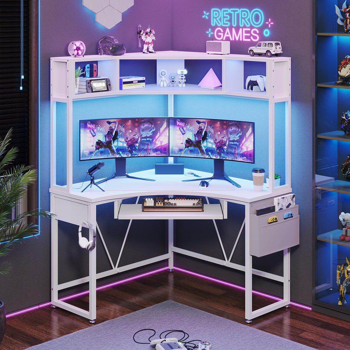 SEDETA Corner Desk, Small Computer Desk with Hutch & LED Lights, Triangle Corner Computer Desk with Keyboard Tray, Storage Bag, and Headphone Hook for Small Space, Small Office Desk, White SEDETA