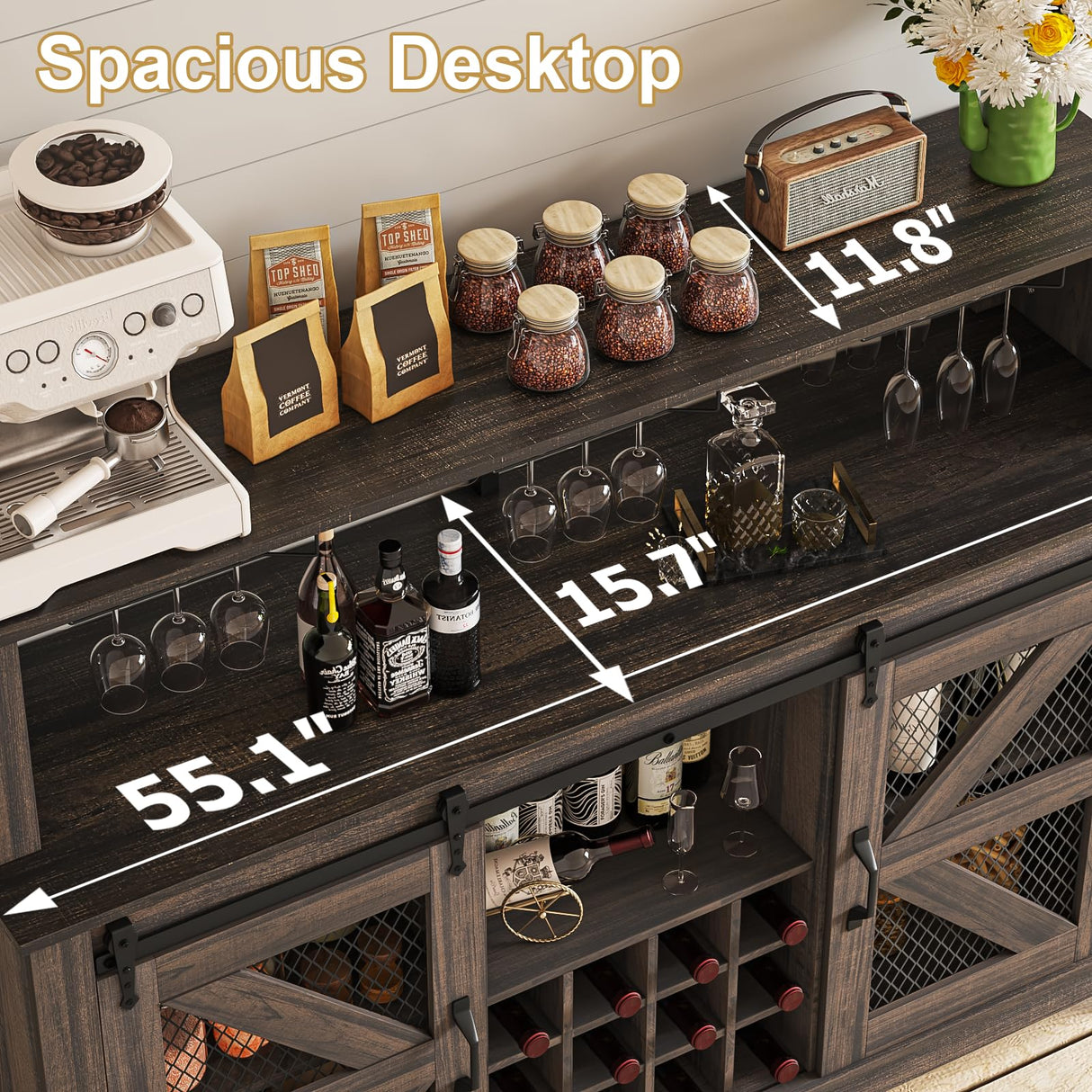 PUKAMI 55" Farmhouse Coffee Bar with LED Lights, Coffee Bar Cabinet with Storage and Hutch, Wine Bar with Sliding Barn Door & Wine and Glass Rack for Living Room, Kitchen (Brown) PUKAMI