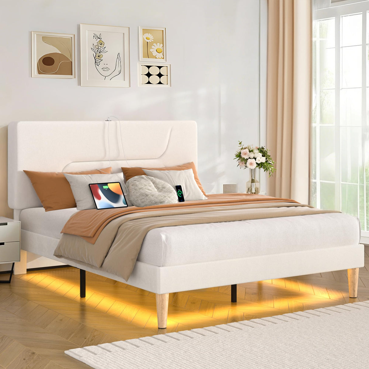 VECELO Full Size Bed Frame with LED Lights, Upholstered Velvet Headboard with Charging Station, Metal and Wood Slats, No Box Spring Needed, Noise Free, Beige VECELO