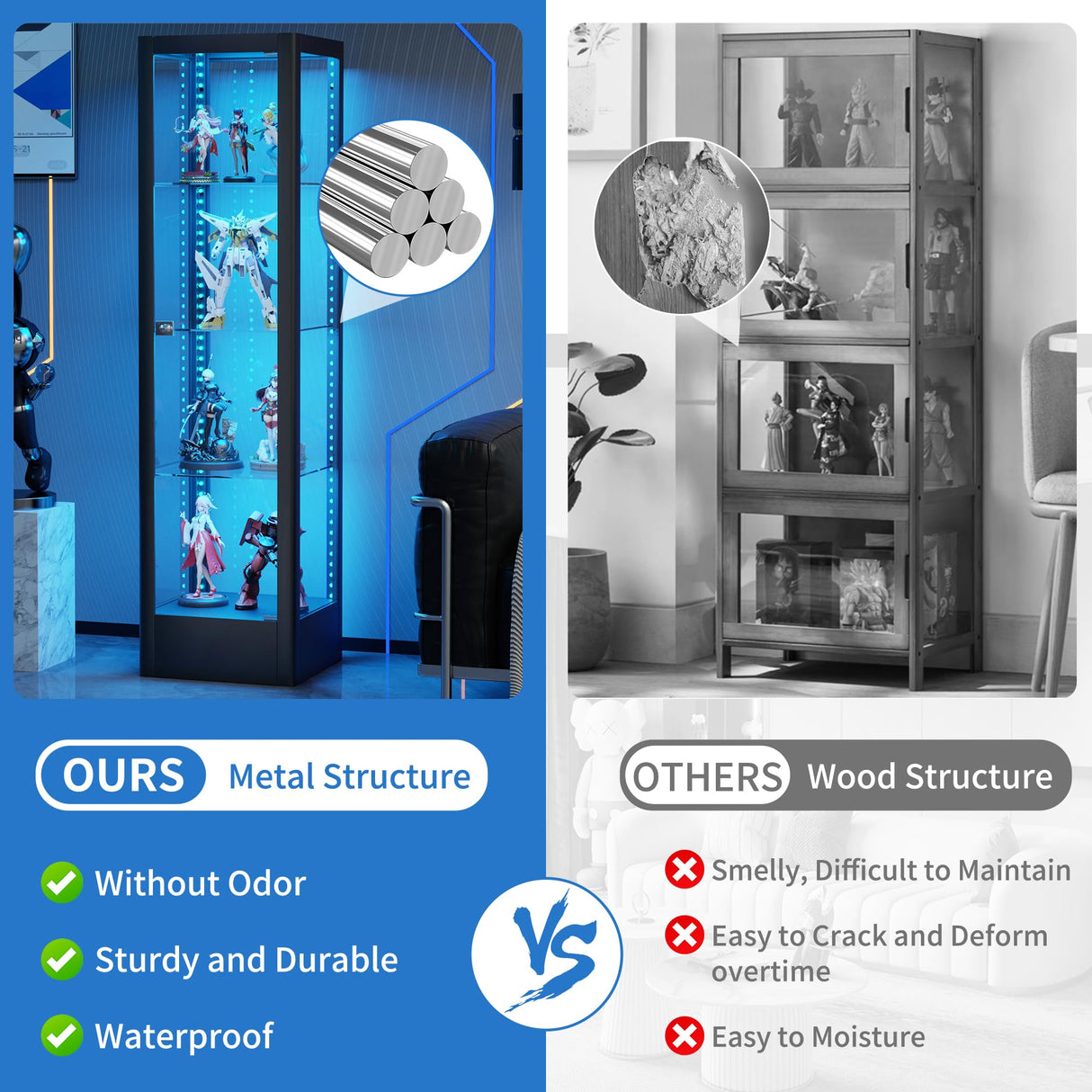 Desirable Life Glass Display Cabinet with 13-Color Light, 63" 4-Tier Curio Cabinet with Glass Door & Lock, Lighted Display Case with Adjustable Shelves for Collectibles Figures Trophy (Black) Desirable Life