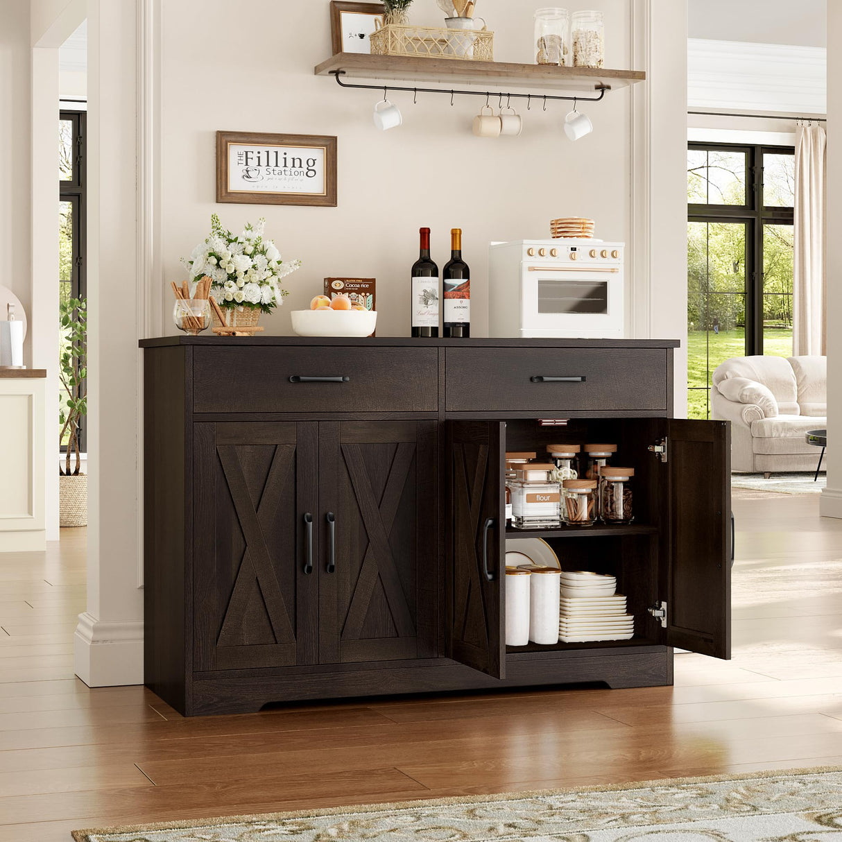 HOSTACK Coffee Bar Cabinet, 47.2" Buffet Cabinet with Storage, Modern Farmhouse Kitchen Buffet Sideboard with Drawers and Shelves, Barn Doors Storage Cabinet for Living Room, Dark Brown HOSTACK