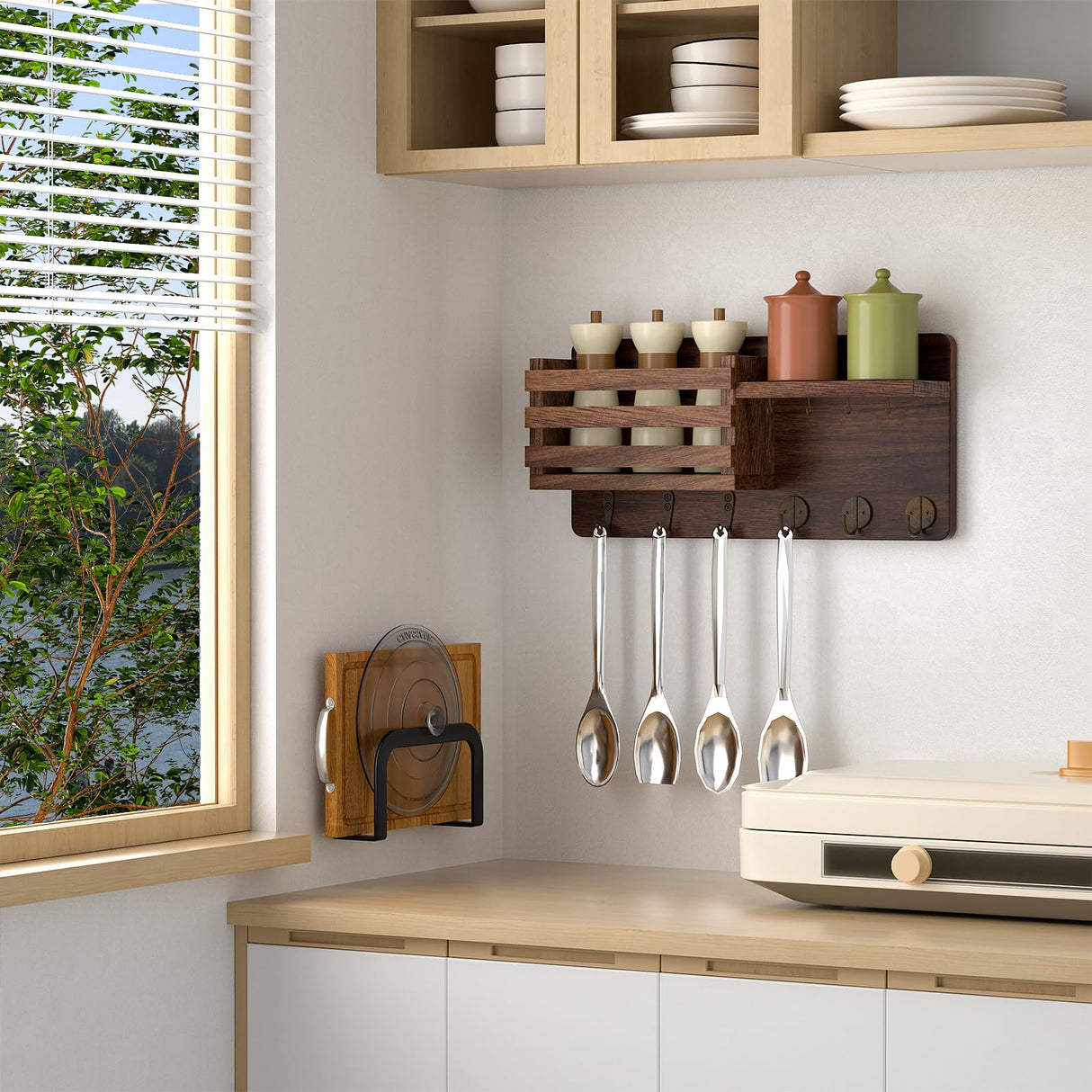 Key Holder Wall Mount, Key and Mail Holder for Wall, Wall Key Holder with Shelf and 6 Large Hooks for Bags, Coats, Umbrella, Wood Key Shelf for Entryway, 4 Small Key Hook, Wallet/Dog Leash Holder,Pine Longtor