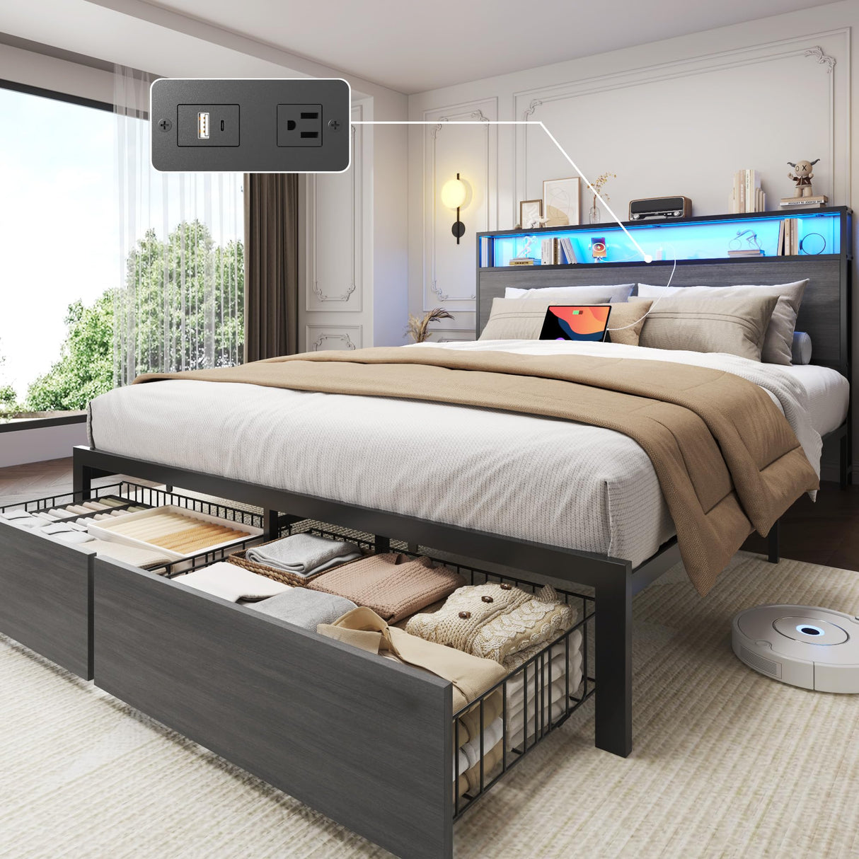 Lifezone Queen Bed Frame with 2-Tier Storage Headboard, Metal Bed Frame with Storage Drawers & Built-in Charging Station & LED, Noise-Free, No Box Spring Needed, Easy Assembly, Rustic Grey Lifezone