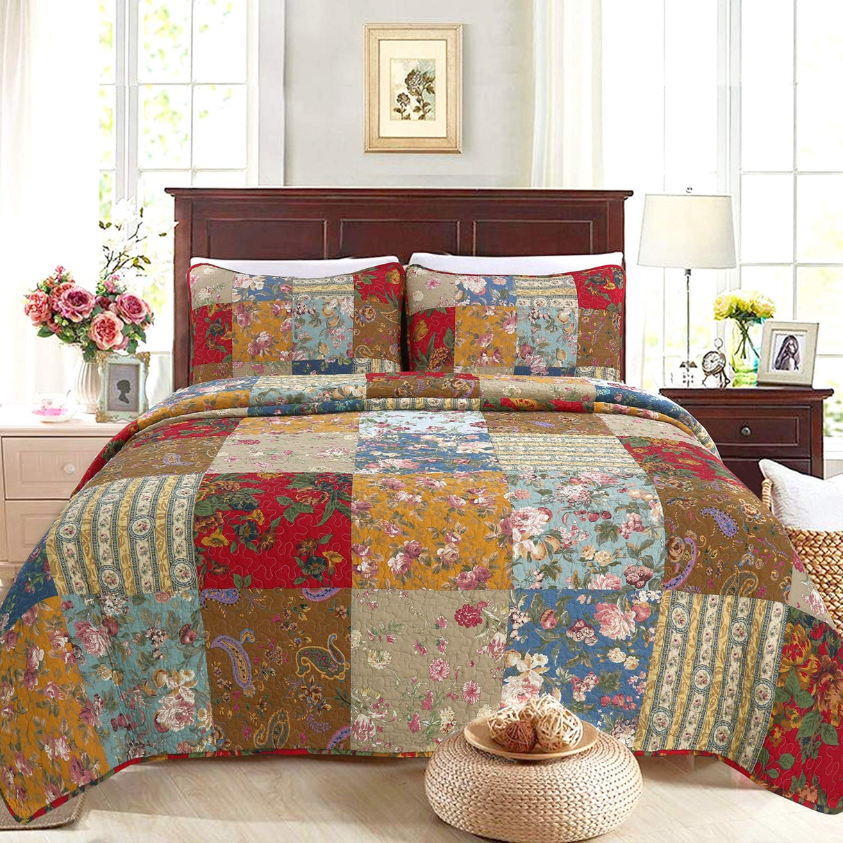 Cozy Line Home Fashions 100% Cotton Hand Piecing Real Patchwork Floral Plaid Country Farmhouse Reversible Quilt Bedding Set Coverlet Bedspread for All Seasons (Khaki Red, Queen - 3 Piece) Cozy Line Home Fashions