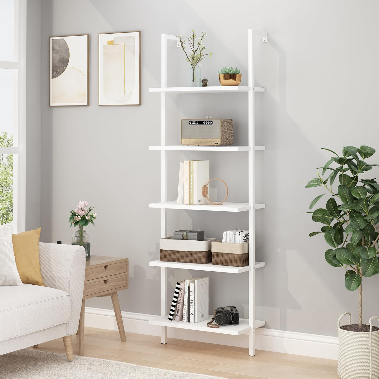 Karl home Ladder Shelf 5 Tier Wall Mounted Bookcase with Metal Frame, Open Design Shelves for Living Room, Bedroom, Home, Office, White (23.62" L x 11.81" W x 70.87" H) Karl home