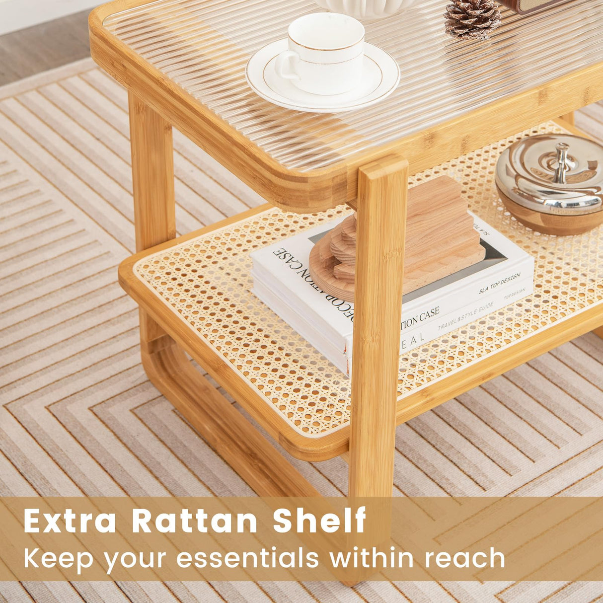 GOFLAME Bamboo Side Table with Glass Top, 2-Tier End Table with PE Rattan Storage Shelf, Home Sofa Side Table, Nightstand Bedside Table, Compact Coffee Table, Accent Table for Bedroom Living Room GOFLAME