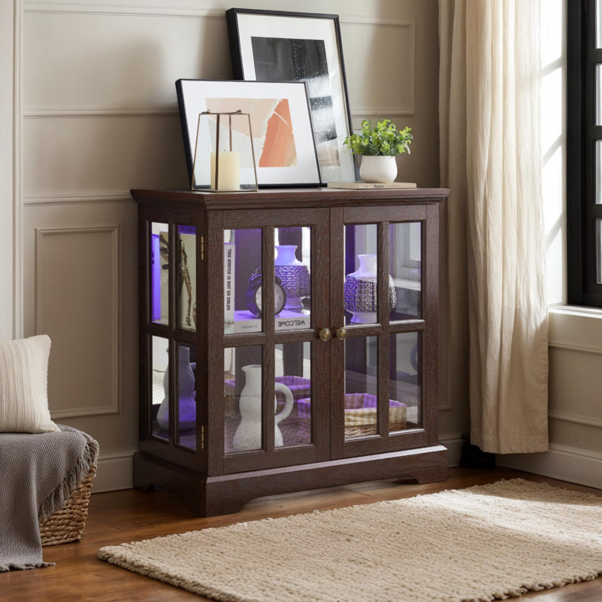 CKEASEAN 32" H LED Antique Curio Cabinet with Smartphone-Controlled, Lighted Glass Display Cabinet - Retro Lattice Door Showcase, Elegant Adjustable Shelves for Living Room (Dark Cherry) CKEASEAN