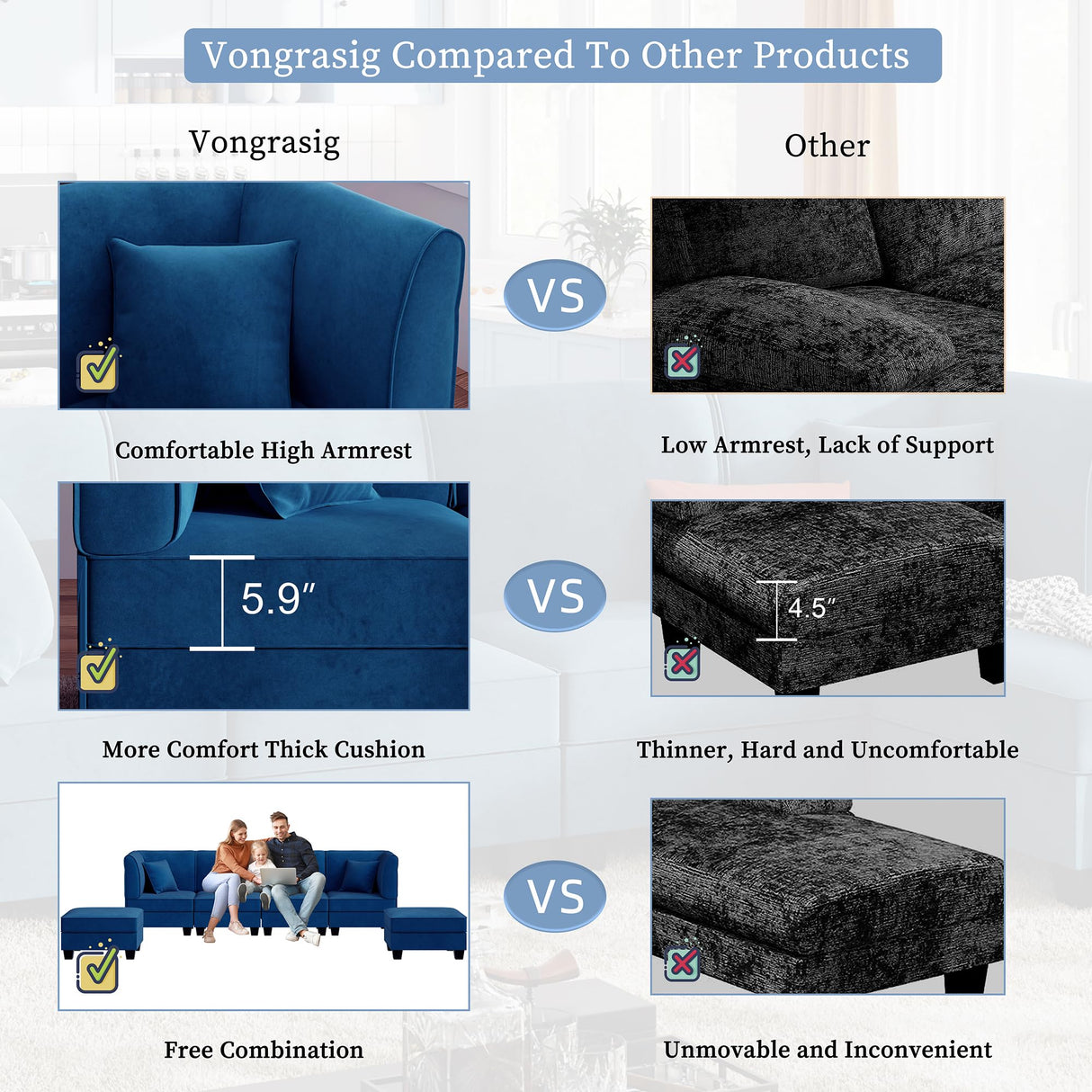 Vongrasig 6 Pieces Sectional Couch Modular Sofa with Reversible Chaise Velvet U-Shaped Couch Sofa 6-seat Modular Large Sectional Couch with Ottoman for Living Room, Upholstered Cushion (Dark Blue) Vongrasig