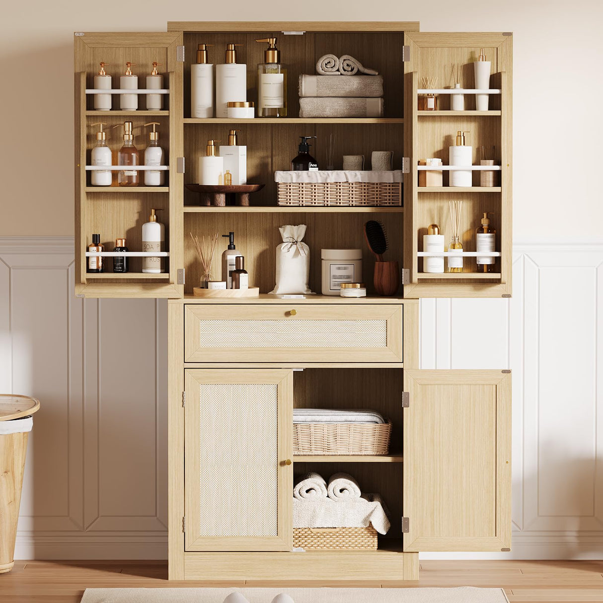 PeacefulHues 70inch Tall Kitchen Pantry, Rattan Cupboard Storage Cabinet with 1 Drawer and 6 Door Shelves for Dinning Living Room Kitchen Laundry, Natural Oak PeacefulHues