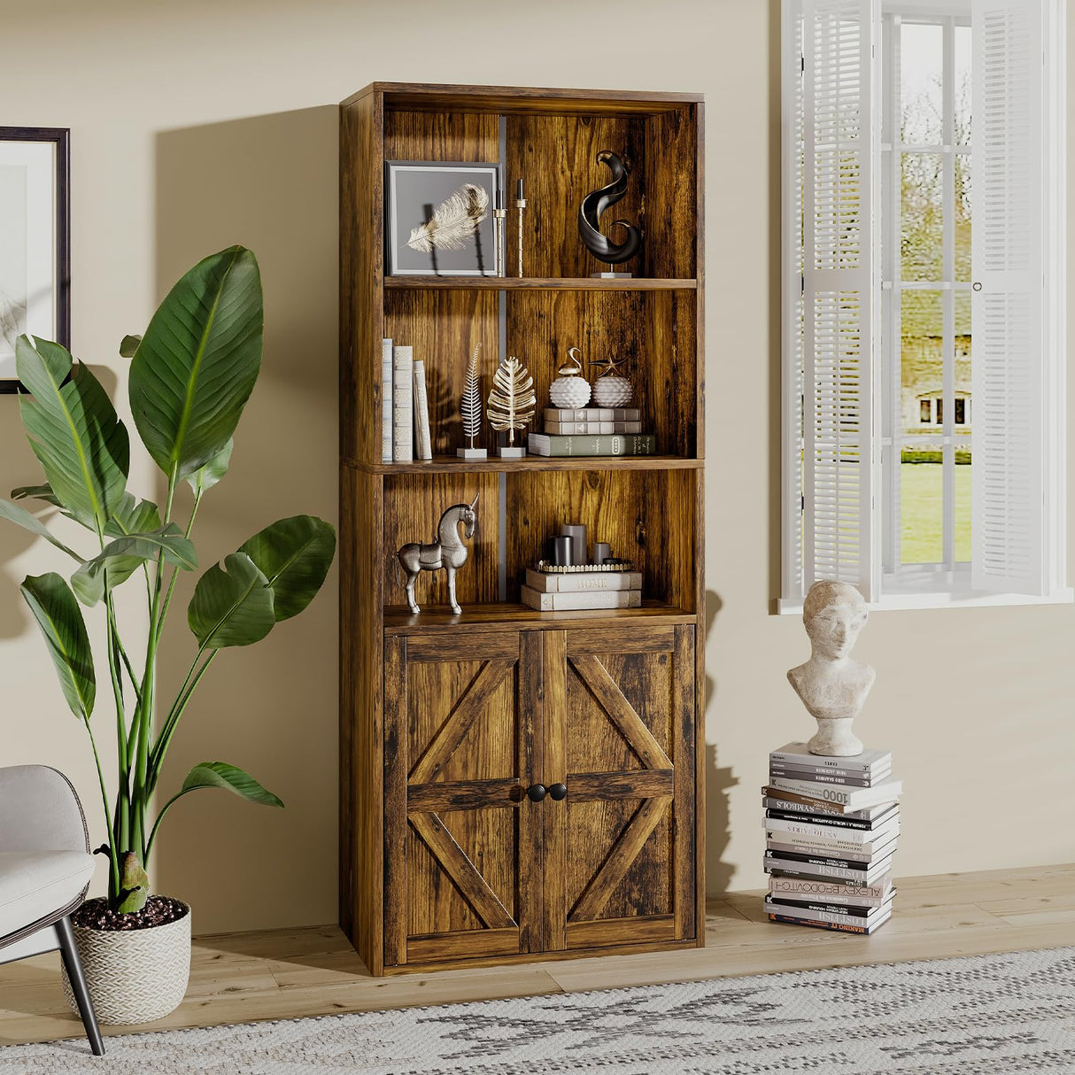 GRUSIGN 60 Inches Book Shelf Bookcase with Doors 5-Tier Floor Standing Wooden Tall Bookshelf with 2 Storage Cabinet and Adjustable Shelf for Home Office Living Room Brown GRUSIGN