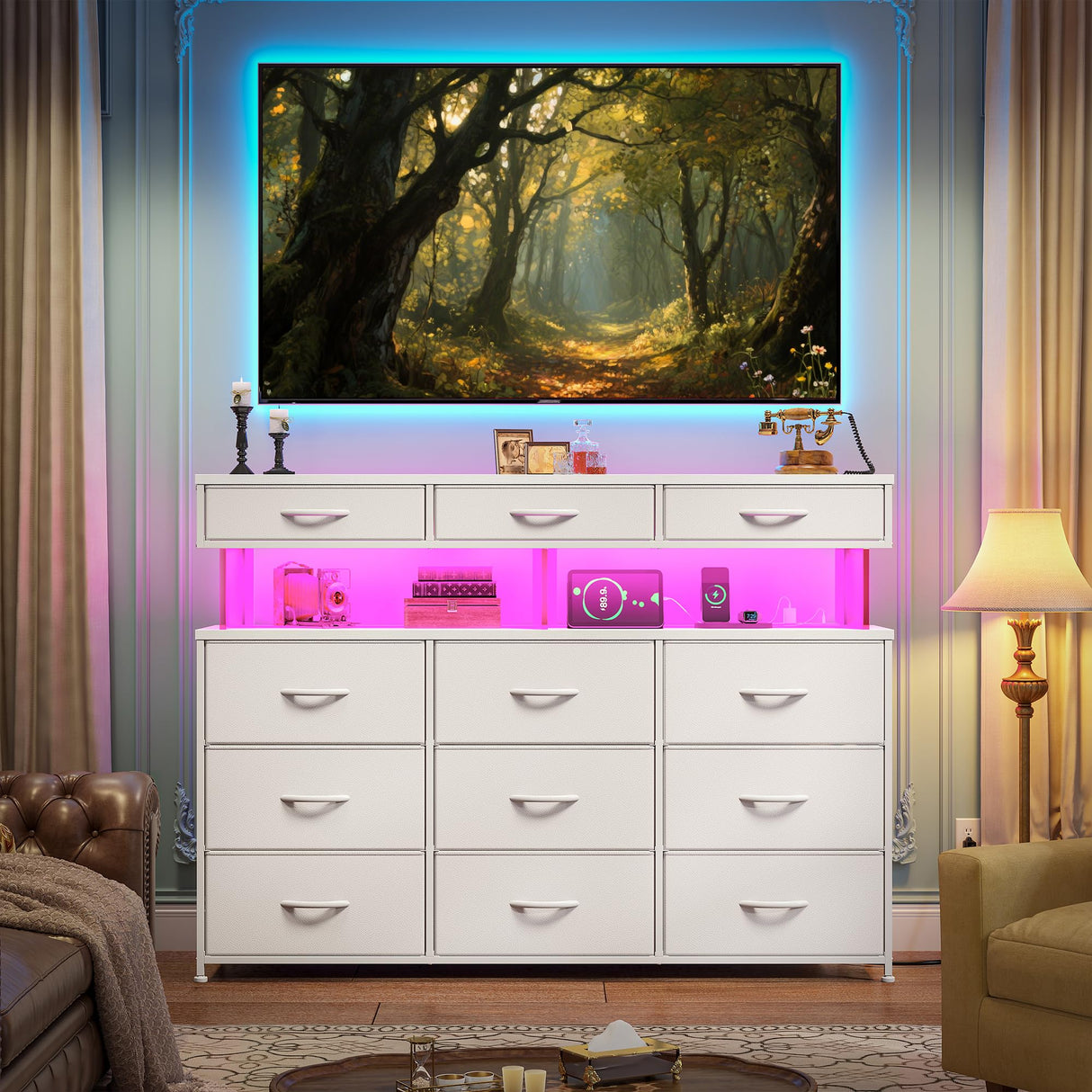 Dresser for Bedroom with Charging Station and LED Lights Dressers & Chest of Drawers with 12 Fabric Drawers Organizer with 10MM Thick Acrylic Sheet for Living Room, White Romorgniz