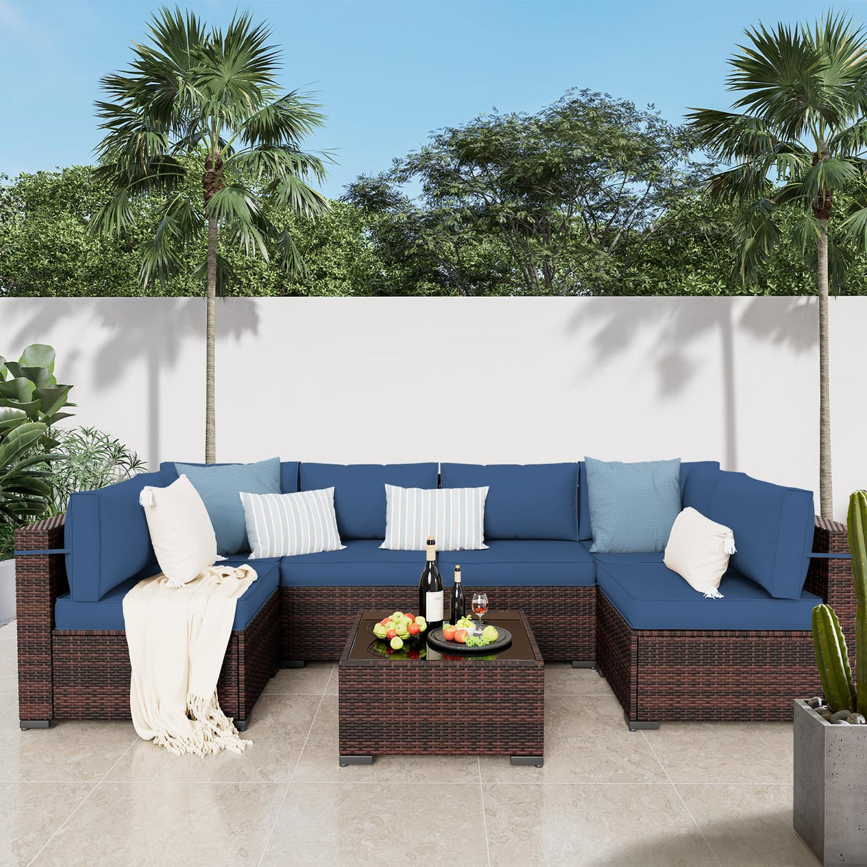 Amopatio Patio Furniture Set 7 Pieces Patio Conversation Set Outdoor Sectional Wicker Rattan Sofa with All-Weather Cover, Patio Furniture with Pillows Fits Porch Garden Backyard Balcony (Navy) Amopatio