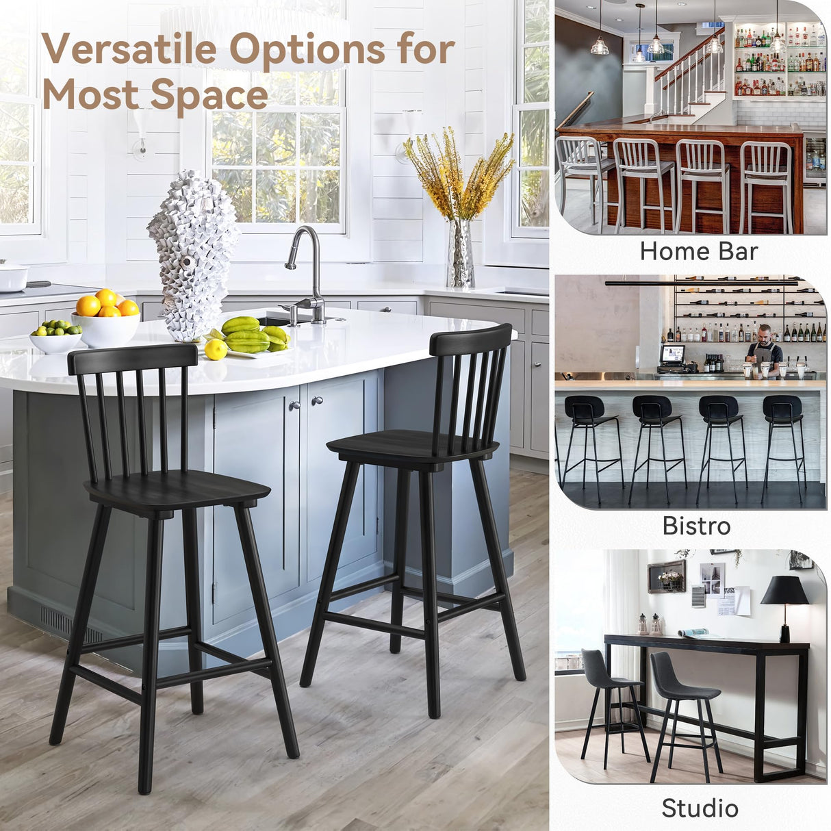 LUE BONA Windsor Wooden Bar Stools Set of 3 for Kitchen Island, Farmhouse 26 Inch Counter Height Stools Chairs with Spindle Back, Black LUE BONA