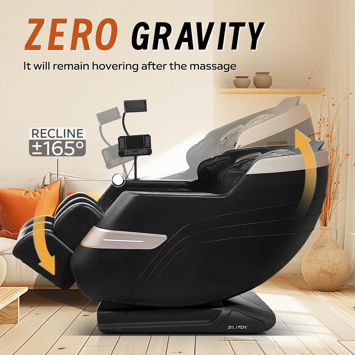 BILITOK Zero Gravity Massage Chair, Full Body Recliner with Heating, Bluetooth Speaker, Airbags, Touch Screen, Phone Stand, Foot Roller, Black BILITOK