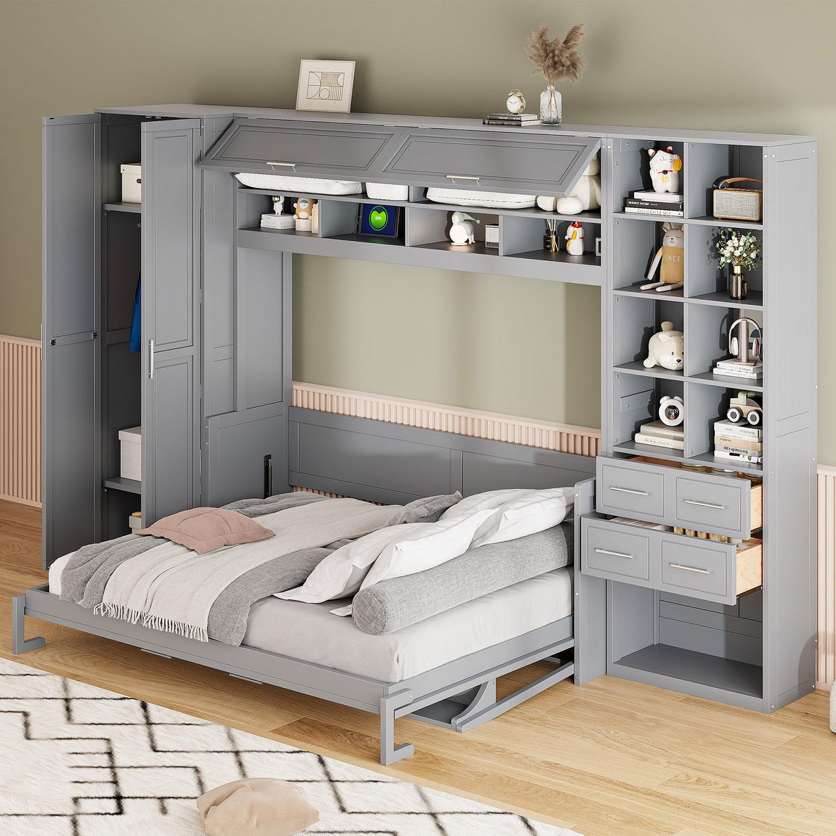 Merax Horizontal Murphy Bed Queen with Wardrobe, Queen Size Wall Murphy Bed with Small Desk, 2 Drawers, Storage Shelves and USB Charging Station, Wardrobe and Drawers Install on Left or Right, Gray Merax