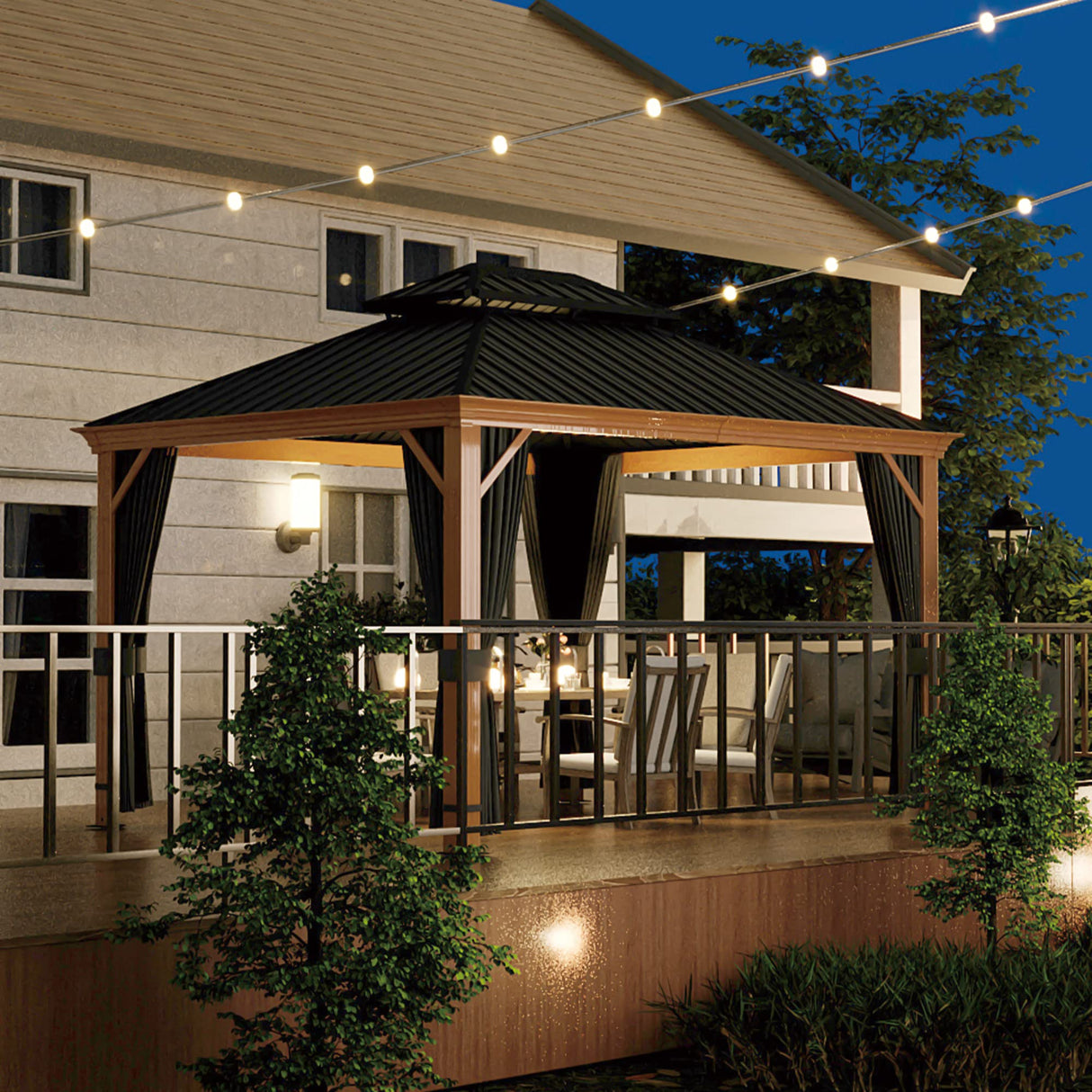 HAPPATIO 10' x 12' Hardtop Gazebo, Outdoor Wood Grain Frame Aluminum Gazebo, Double Roof Permanent Patio Gazebo Canopy with Netting and Curtains for Garden, Patio, Lawns, Parties (Grey) HAPPATIO