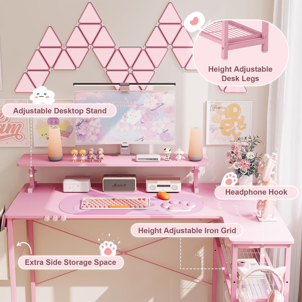 Dowinx L-Shaped Gaming Desk Cute with Cat Accessories, Built-in Power Outlet, Monitor Shelf, and Side Storage – Sturdy Metal Frame for Gamers and Home Office,43-Inch Dowinx