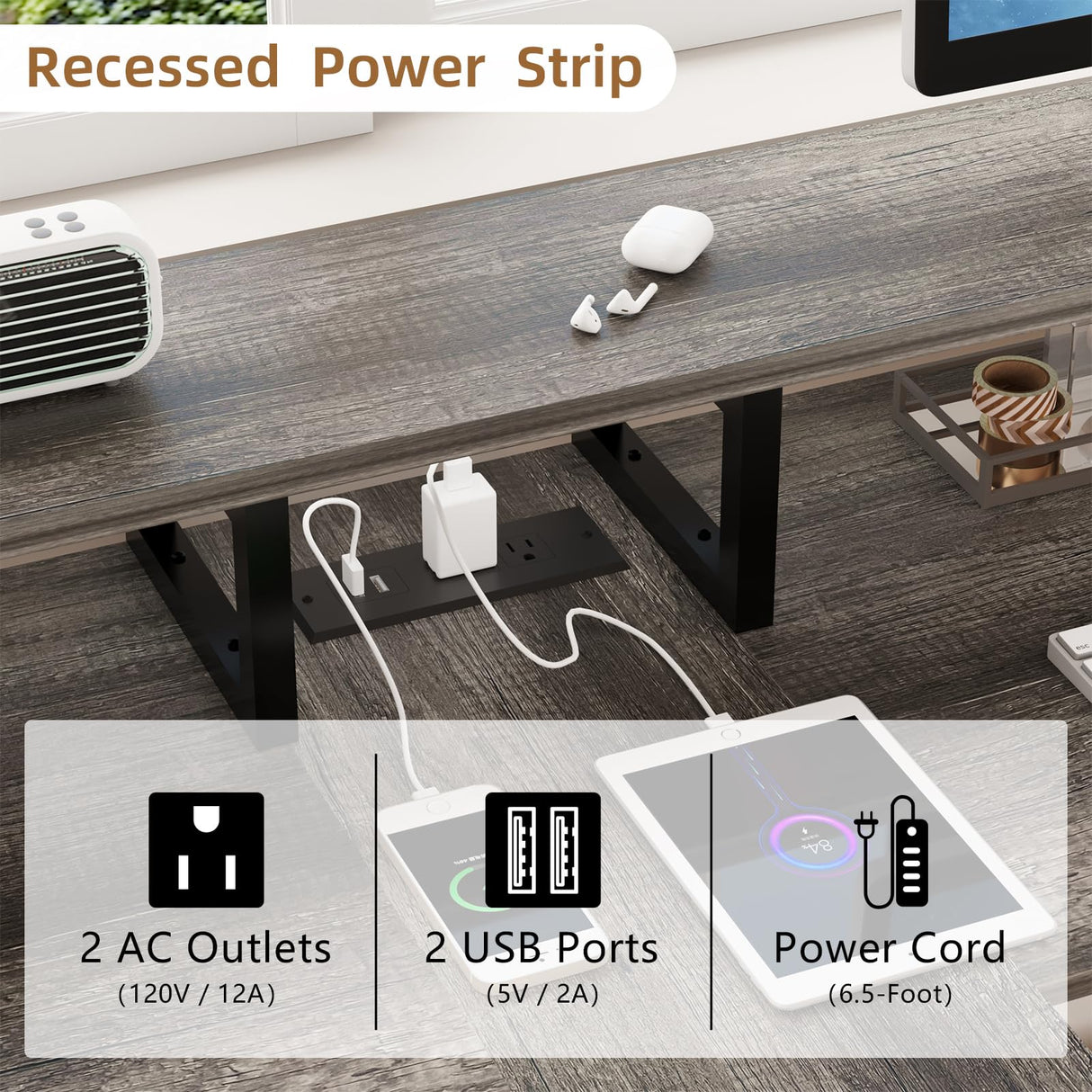 Mexin Two Person Desk-83.7 Inch Double Computer Desk with Monitor Stand and Power Outlets, Office Desk with Storage Shelves, Long Workstation Desk for Home Office, Gray Oak Mexin