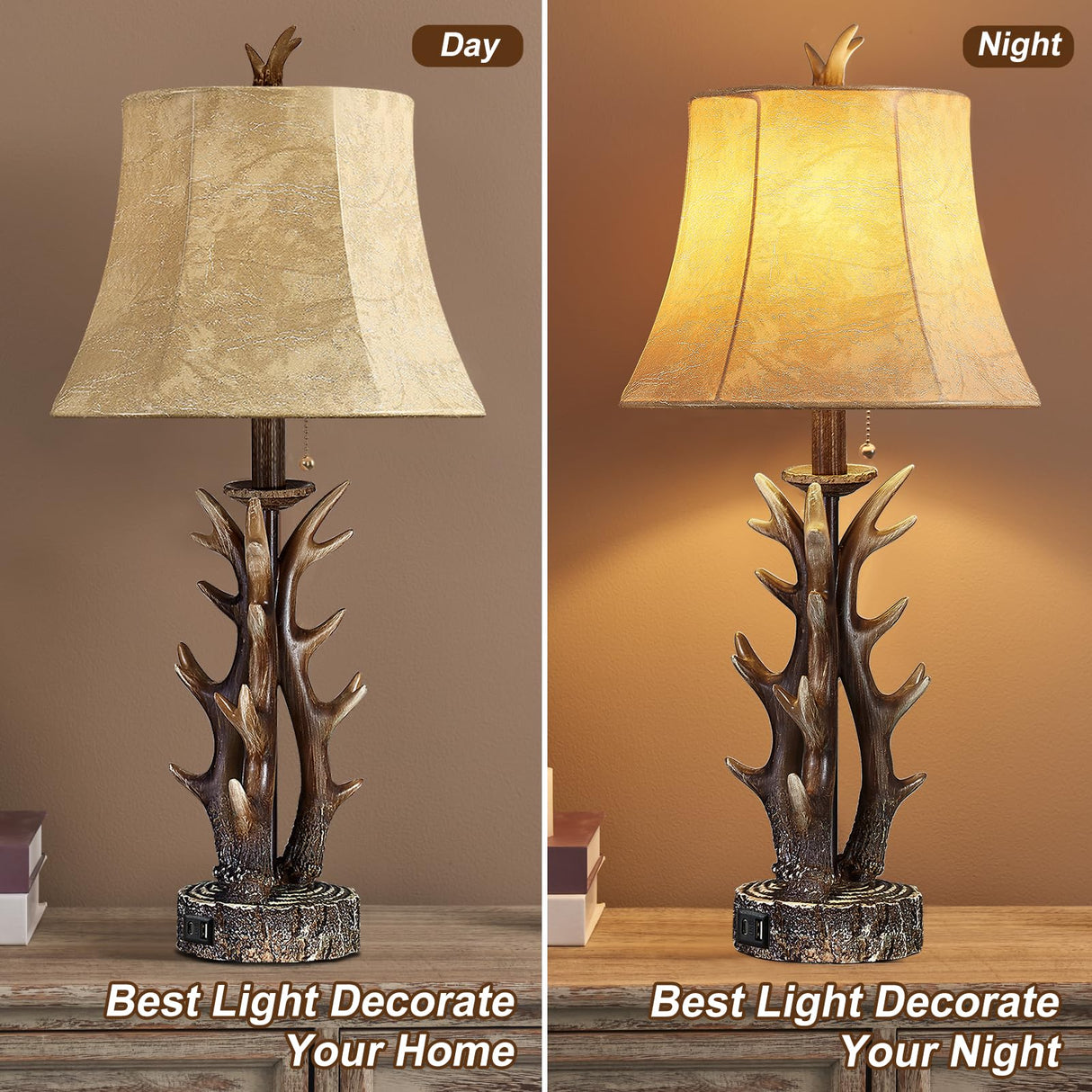 Antler Table Lamps Set of 2 with USB A+C Ports 28" Tall Rustic Farmhouse Deer Bedside Lamps with Faux Leather Bell Shade for Bedroom Living Room Office Decor Western Cabin End Table Lamp, Pull Chain BOOUCUU