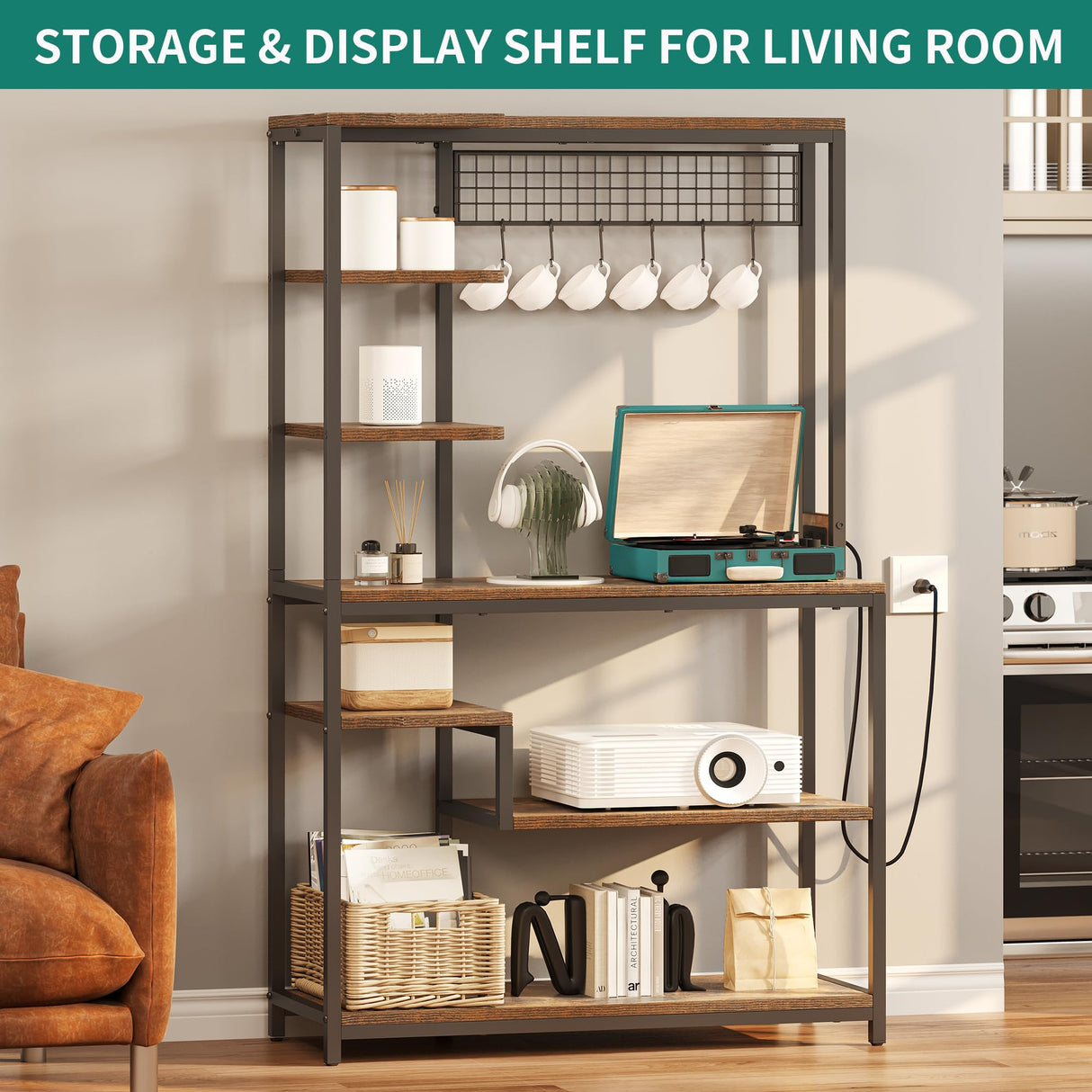 YITAHOME 39 Inch Rustic Brown Kitchen Microwave Stand and Bakers Rack with Power Outlet and 6 Hooks YITAHOME