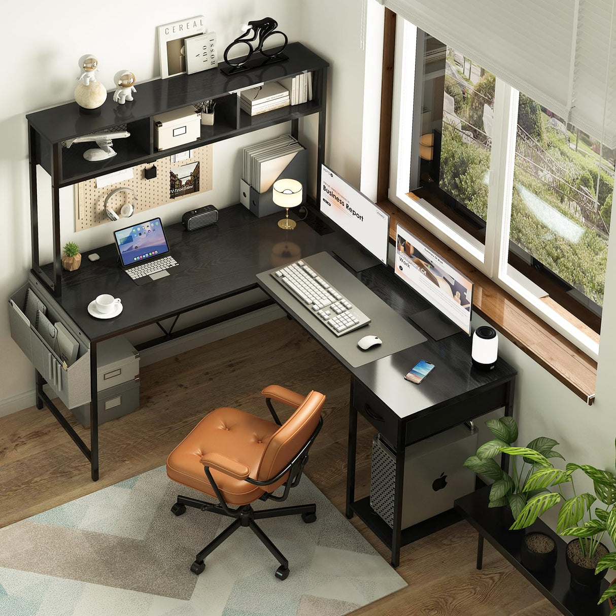 Yoobure L Shaped Desk Gaming Desk with LED Strip & Power Outlet, Reversible L-Shaped Computer Desk with Storage Shelf & Drawer, Corner Desk with Storage Bag, 2 Person Home Office Desk, Black Yoobure