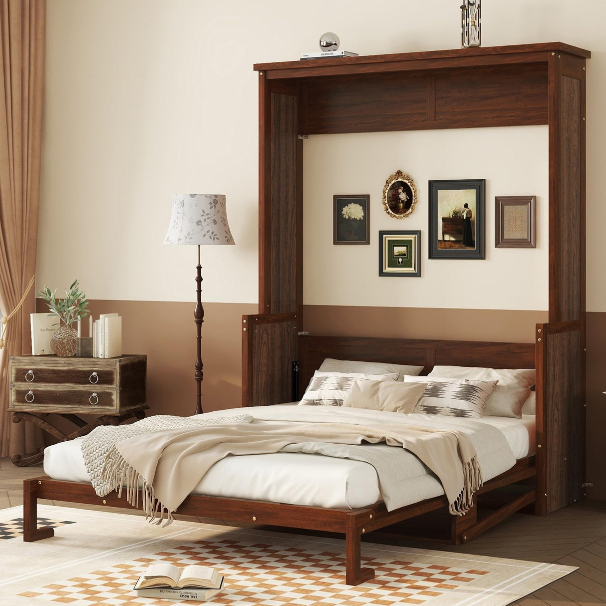 SOFTSEA Queen Size Murphy Bed with Desk, Space-Saving Hidden Wall Bed Cabinet, Foldable Platform Bed Frame with Gas Struts, for Home Guest Room, No Box Spring Needed, Walnut SOFTSEA