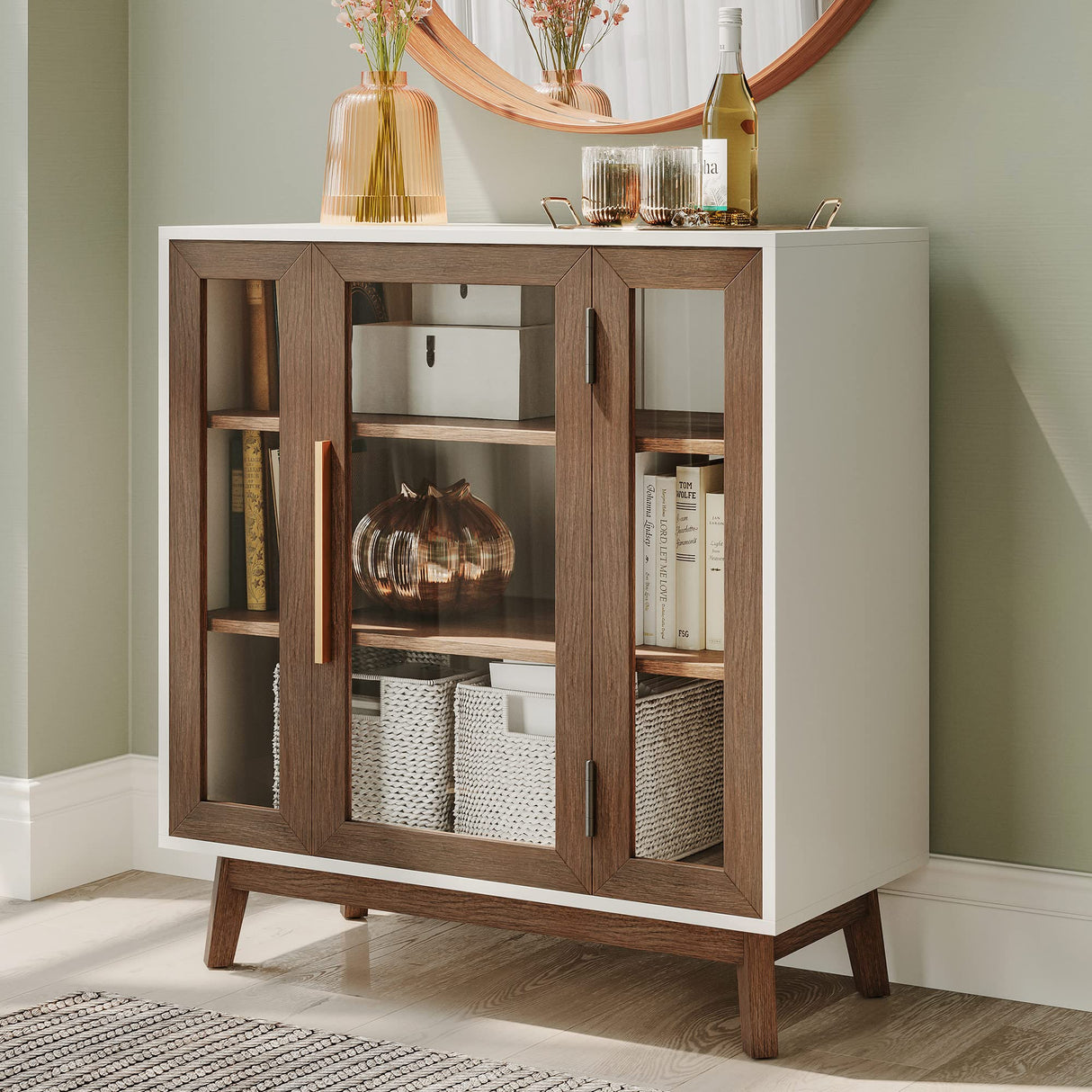 BELLEZE Sideboard Buffet Cabinet, Modern Curio Cabinet 3-Tiers Console Table for Kitchen Glass Display Cabinet Storage/Pantry Cabinet Coffee Bar for Living Room Bedroom Entryway, Brown BELLEZE
