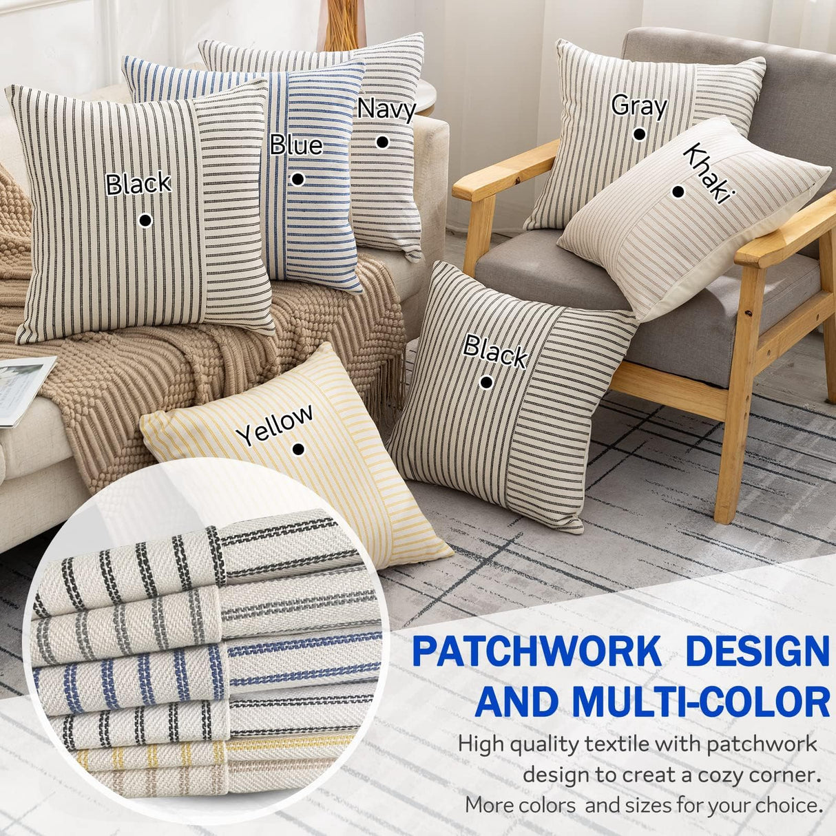 Farmhouse Pillow Covers 18x18, Modern Accent Square Throw Pillow Covers Set of 2, Gray and Beige Striped Patchwork Linen Decorative Pillows Cushion Covers for Couch Chair Bedroom Christmas Decorations YCOLL