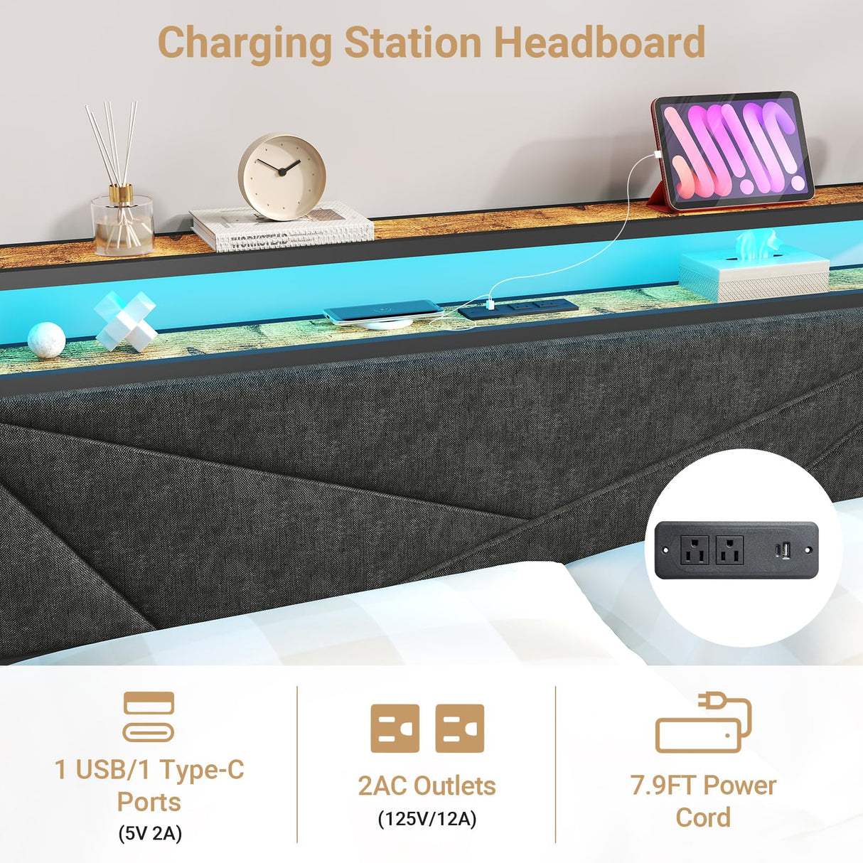 Kiivakii Full Size Bed Frame with 4 Drawers, LED Metal Platform Bed with Upholstered Storage Headboard, Built in Charging Station, No Box Spring Needed, Dark Gray Kiivakii