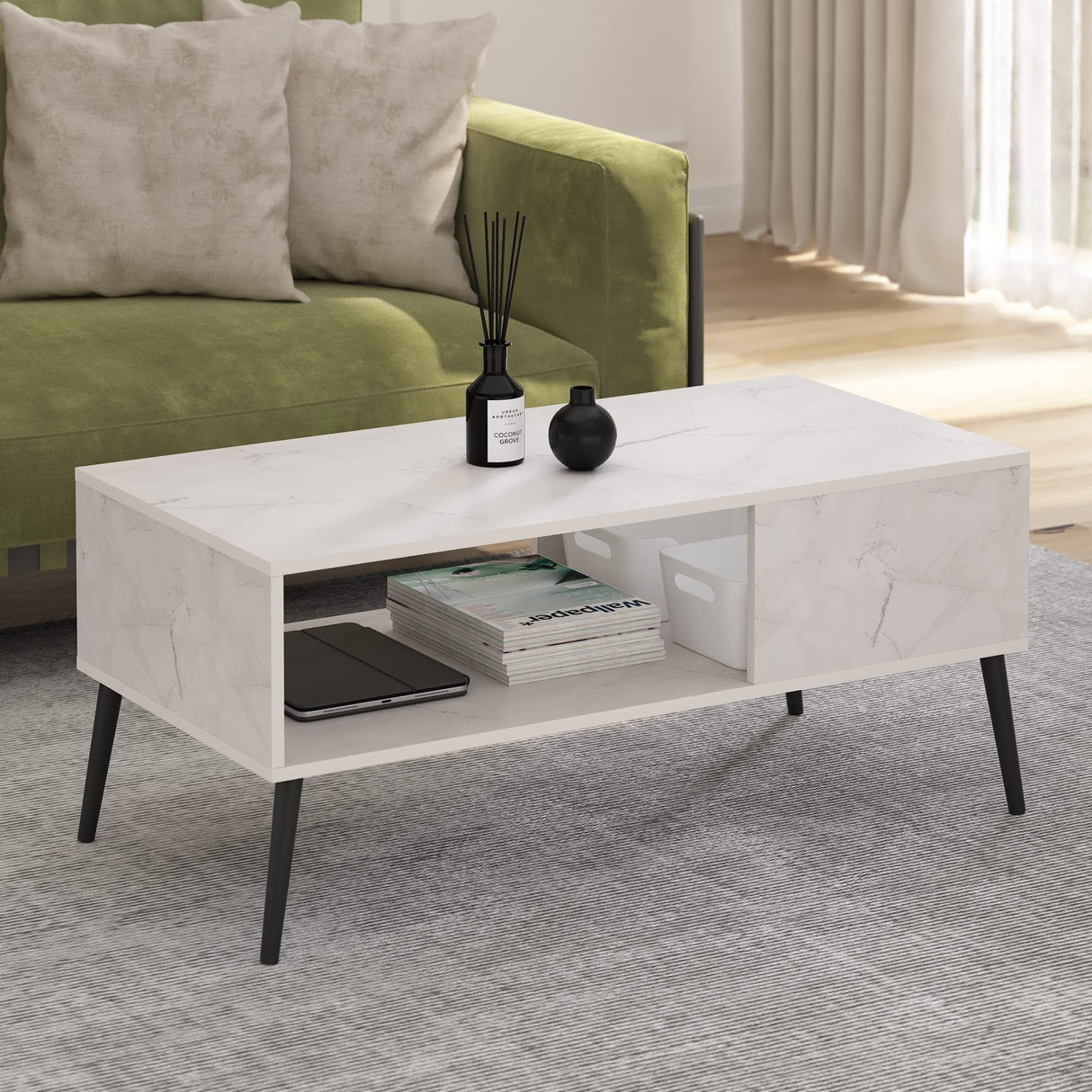 Furinno Claude Mid Century Style Coffee Table with Wood Legs, Marble White Furinno