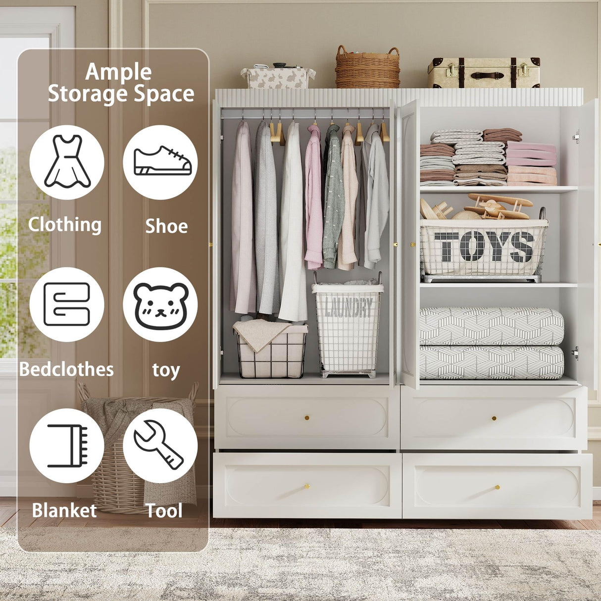 Swyanste White Armoire Wardrobe Closet: 74" Large Wardrobe Closet with 4 Drawers, 4 Door Armoire Wardrobes for Hanging Clothes, Modern Wooden Closets for Bedroom (White) Swyanste