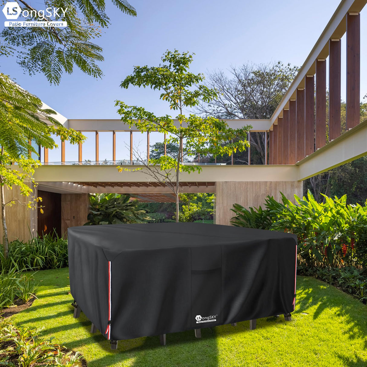 LSongSKY Outdoor Furniture Covers Waterproof,600D Heavy Duty Patio Cover for 6/7/8 PCS Sets Sectional Sofa Couch Dining Rocking Swivel Chairs Ottomans Coffee Table,111L x 74W x 28H inch Black LSongSKY