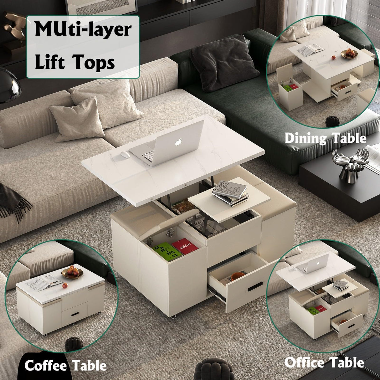 HEIGHYOXP Lift-Up Coffee Table with 4 Stools Set for Living Room Expandable 1 Hidden Storage + 2 Drawers Space Saving Folding Table HEIGHYOXP