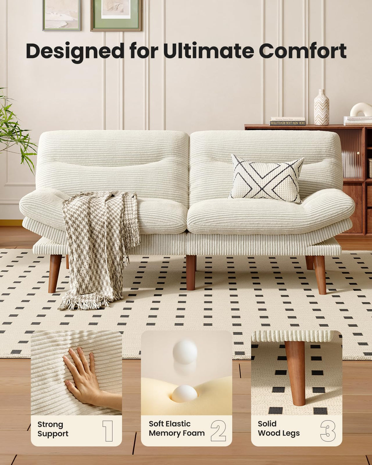 AMADA HOMEFURNISHING Convertible Futon Sofa Bed,66″ White Futon with Adjustable Backrest & Armrests,Folding Futon Sleeper Recliner for Small Spaces, Play Room Or Office, Corduroy Small Couch AMADA HOMEFURNISHING