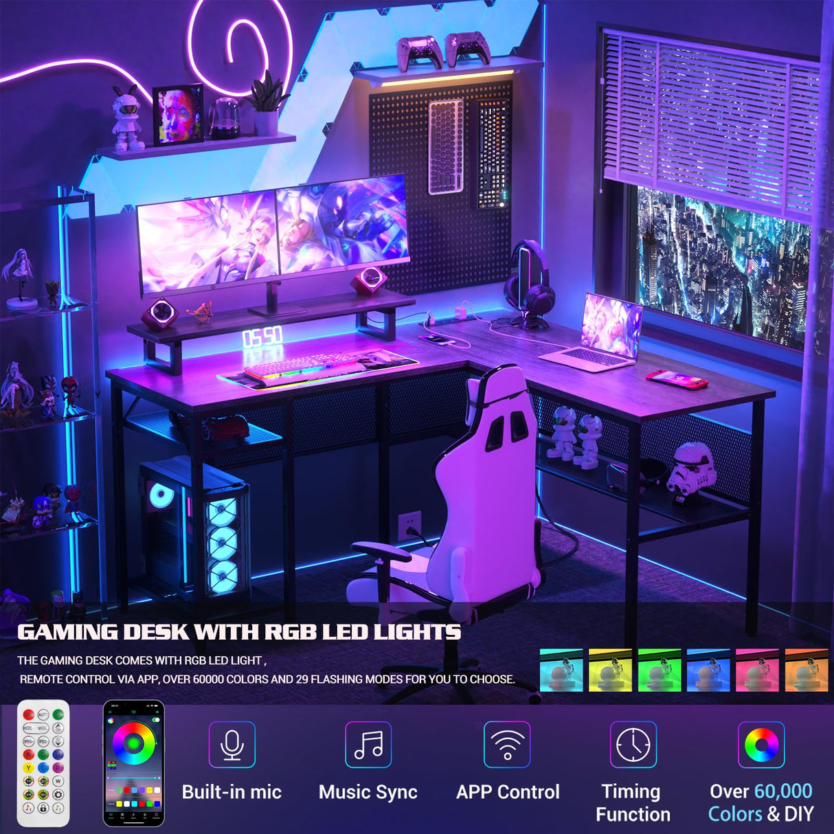 Unikito 55 Inch L Shaped Computer Desk with Power Outlets, Smart LED Lights & Unique Grid Design Unikito