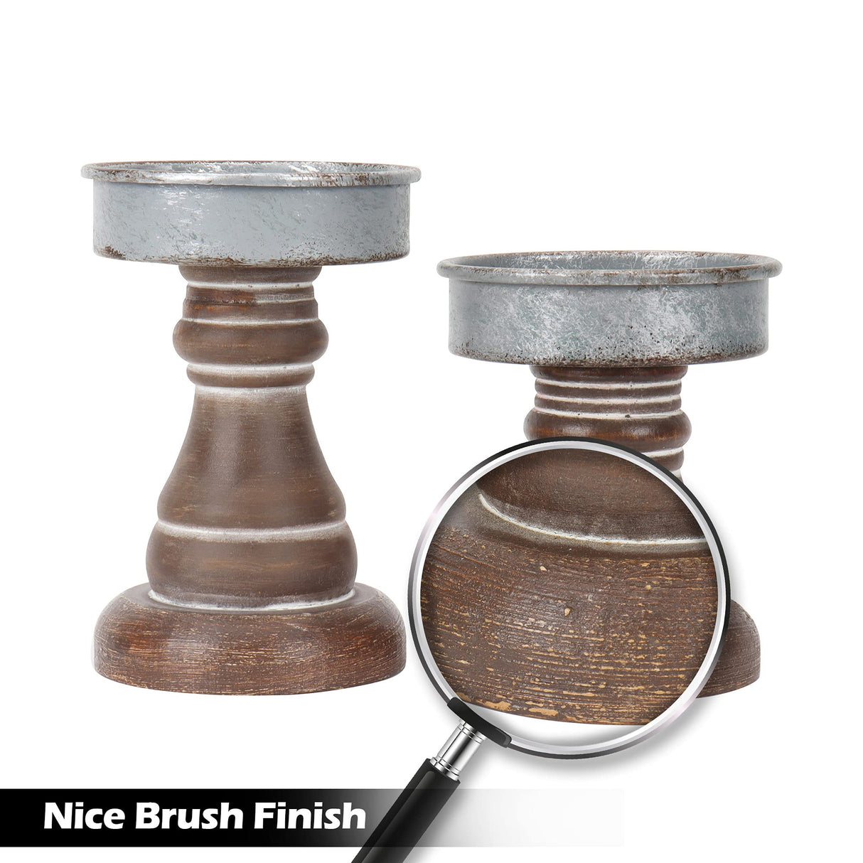 GenMous&Co. Decorative Candle Holders Pedestal Rustic Wood for Pillar Candle Farmhouse Candlestick Holder Galvanized Plate for Mantel, Dining Table, Centerpiece,Coffee Bar,Set of 2(Brown GENMOUS & CO.
