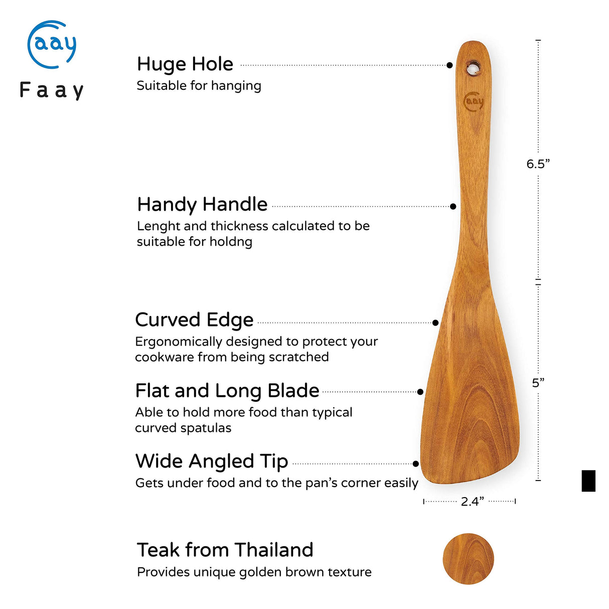 FAAY 11.5 Inch Teak Wood Spatula/Turner for RIGHT Hand | Versatile Spatula, Durable, Healthy and High Moist Resistance for Non Stick Cookware FAAY