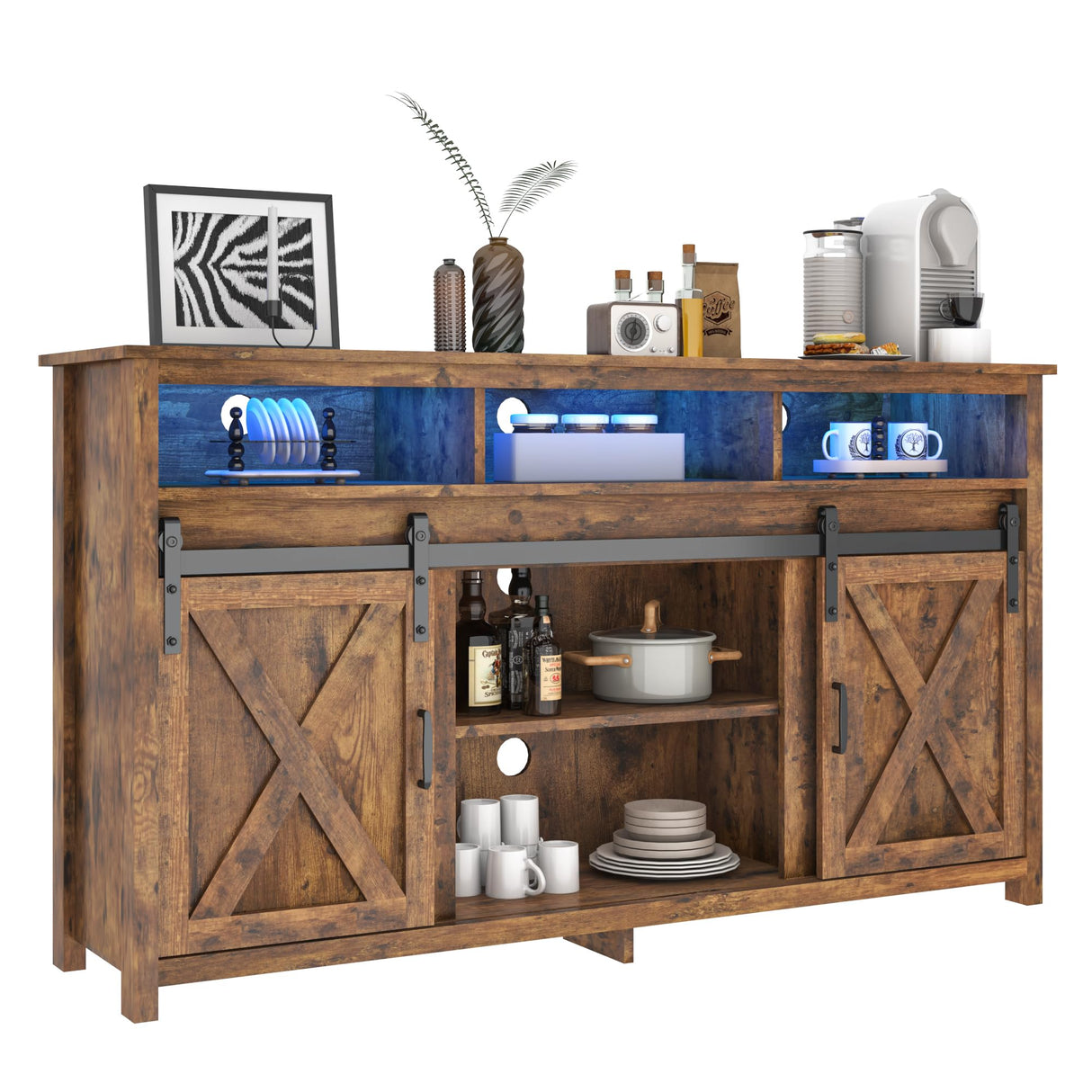 jiteentarou Farmhouse Coffee Bar Cabinet with Power Outlet, Rustic Sideboard Buffet Storage Cabinet with Storage, Wood Buffet Cabinet Serving Table Cupboard for Dining Room, Living Room, Rustic Brown jiteentarou