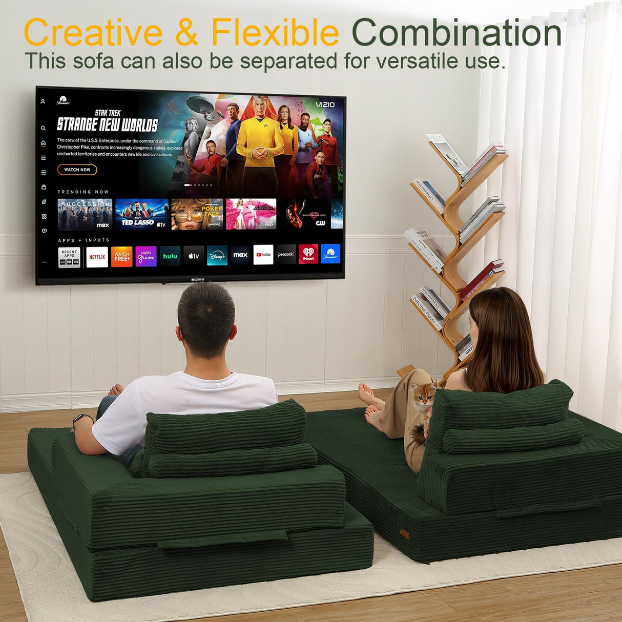 COMAX Convertible Sofa Bed, Folding Floor Couch Corduroy Fold Out Couch Bed Futon Sleeper Mattress with Pillows, Boneless Sofa Comfy Lounge Loveseat for Living Room Bedroom, Green COMAX