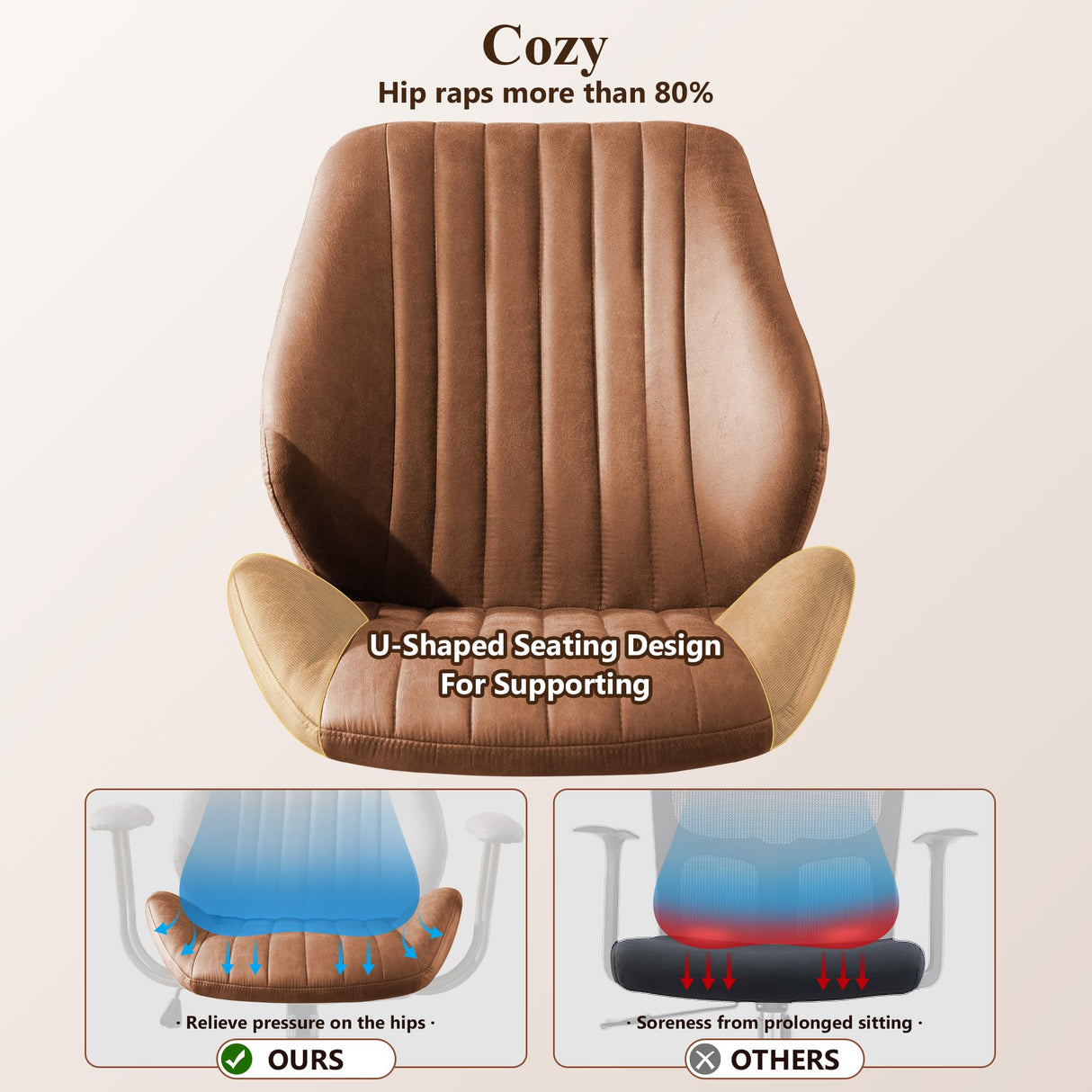 Mid Century Modren Office Chair,Mid Back Ergonomic Executive Chair with Lumbar Support, Computer Desk Swivel Task Chair with Wheels, Faux Lether Suede Fabric Home Chair, Brown ALTRIGUS