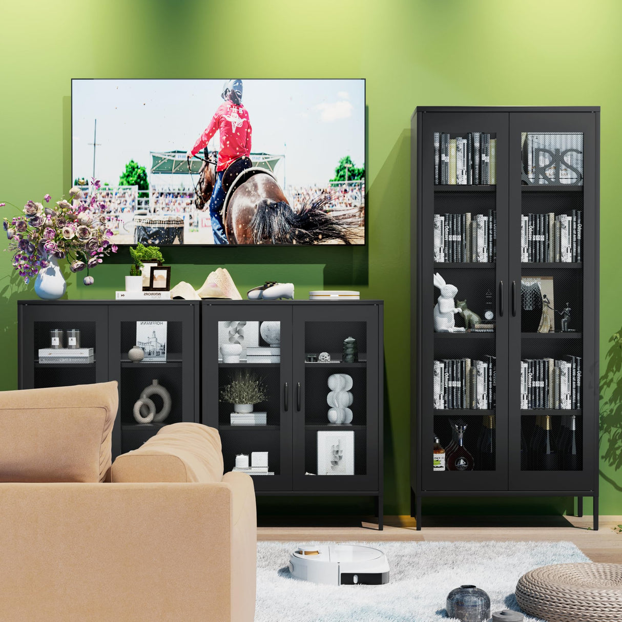 COFaR Metal Mesh Cabinet with 2 Mesh Doors and Adjustable Shelves, Versatile Storage for Kitchen, Laundry Room, Living Room, Office, Curio Display (72" Black) COFaR