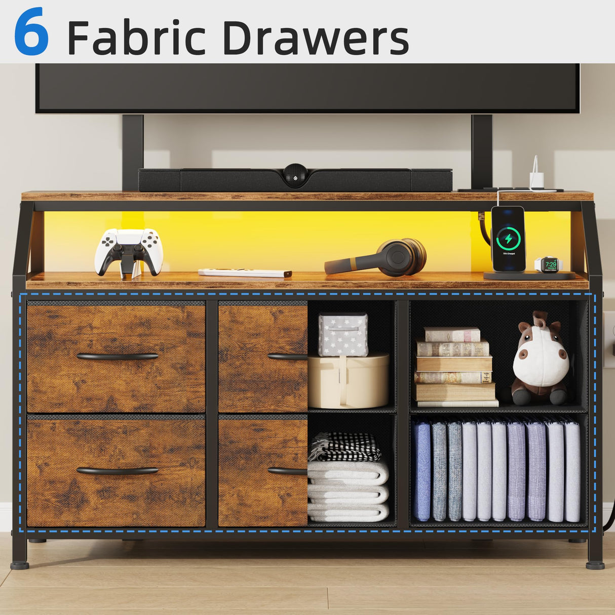 GYIIYUO LED TV Stand with Mount and Power Outlet & 6 Fabric Drawers for 32-75 Inches TV - Entertainment Center and Industrial TV Dresser Console Table for Living Room, Bedroom- 47" Rustic Brown GYIIYUO