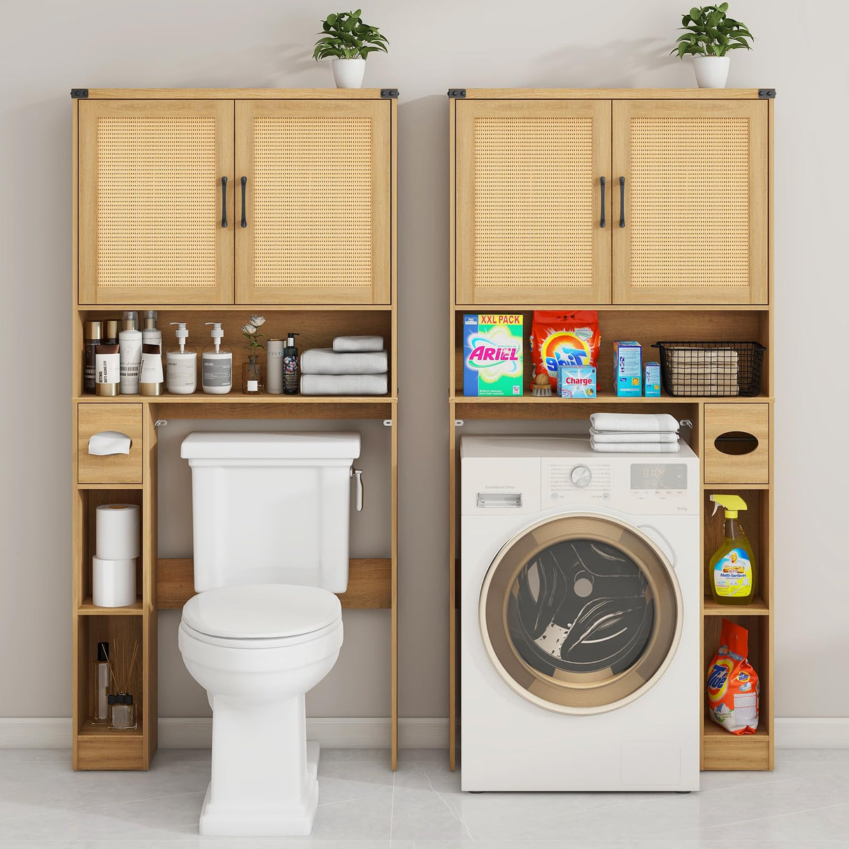 Over The Toilet Storage Cabinet, Farmhouse Rattan Storage Cabinet Over Toilet with 2 Rattan Barn Doors & Home Space-Saving Toilet Rack, for Bathroom, Restroom, Laundry Vabches