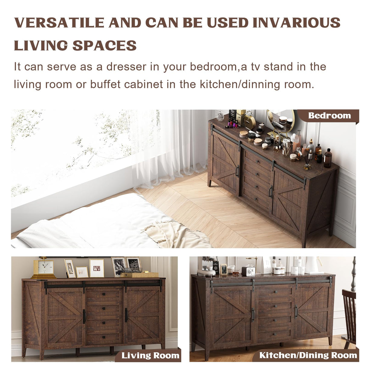 GlouMod Farmhouse Dresser for Bedroom, 60" Long Dresser with 4 Drawers & Sliding Barn Door, Wide Wood Dresser, Tall TV Stand for Living Room, Buffet Cabinet with Storage Chest, Brown GlouMod