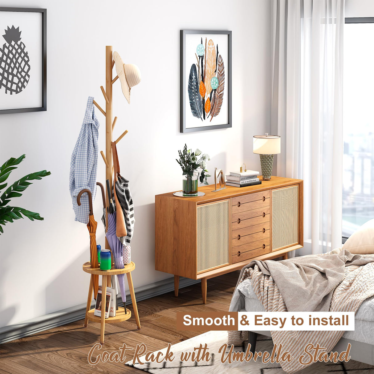 FILWH Freestanding Coat Rack with Umbrella Organizer Tray Bamboo Coat Tree Rack with 8 Hook Stand for Clothes Bag Hats Entryway Hanger Stand(Nature) FILWH