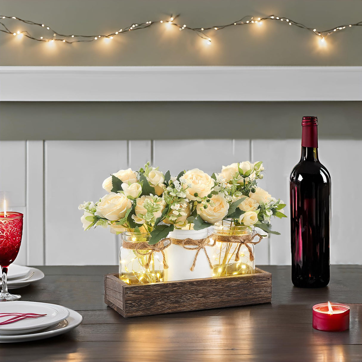 Mkono Mason Jar Lights Centerpiece Table Decor for Dining Room Farmhouse Wood Tray with 3 Jars Flowers Center Pieces Spring Decor for Kitchen Living Room Mkono